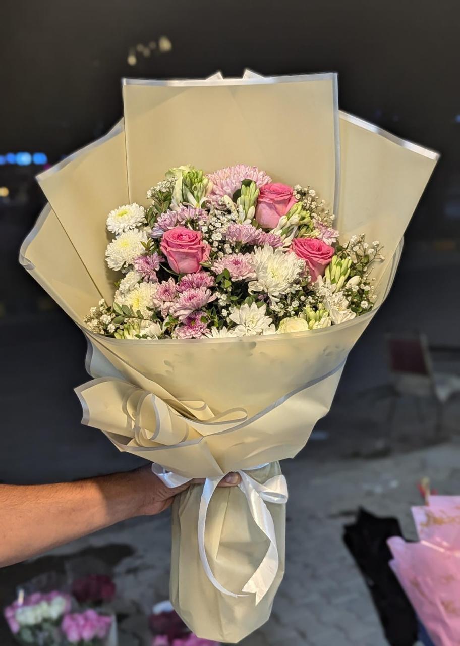 Chrysanthemum, Babe Breath and Roses Bouquet.