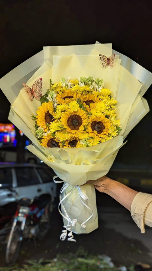 Sunflower, Yellow Chrysanthemum and Tube Roses Bouquet.